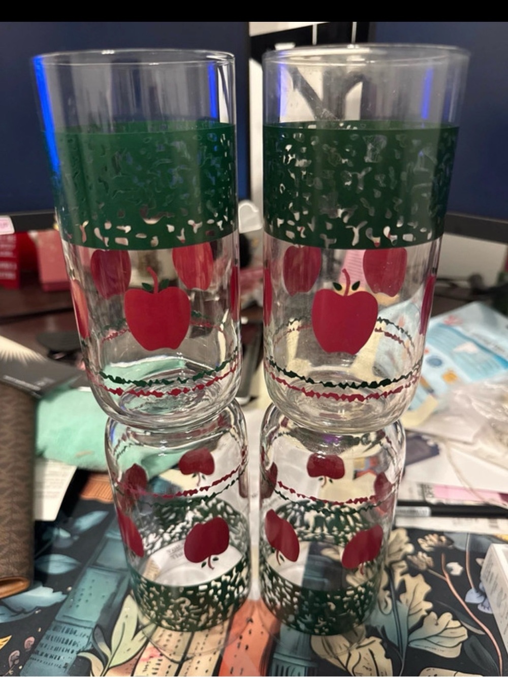 Source Unknown Red Apple Glasses with Green Band - Set of 4